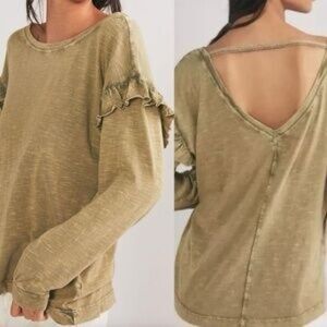 Anthropologie Pilcro Ruffled Open-Back Long Sleeve Tee Solid Moss S